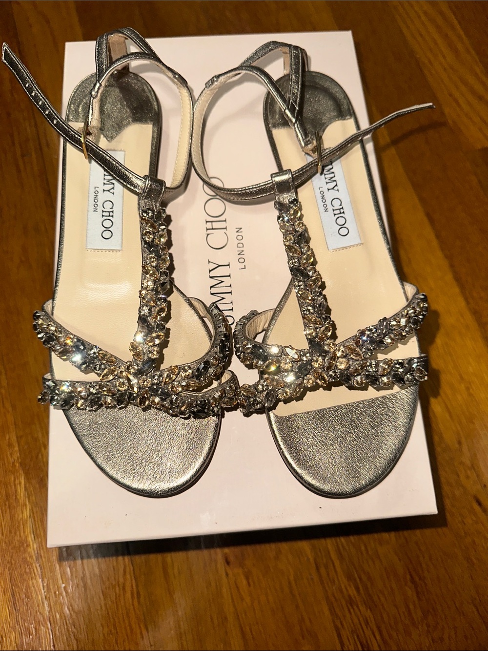 NTW JIMMY CHOO Trophy Metallic Napa w Crystal Sandals light bronze